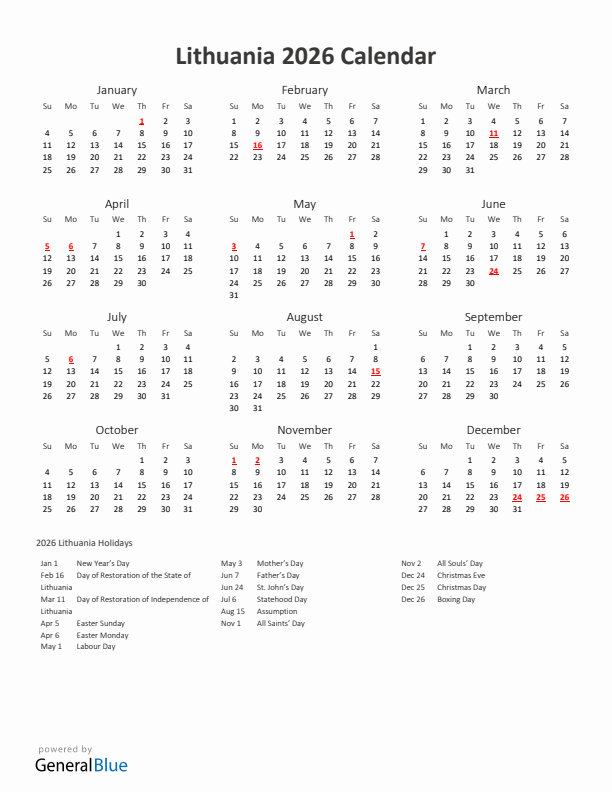 2026 Yearly Calendar Printable With Lithuania Holidays
