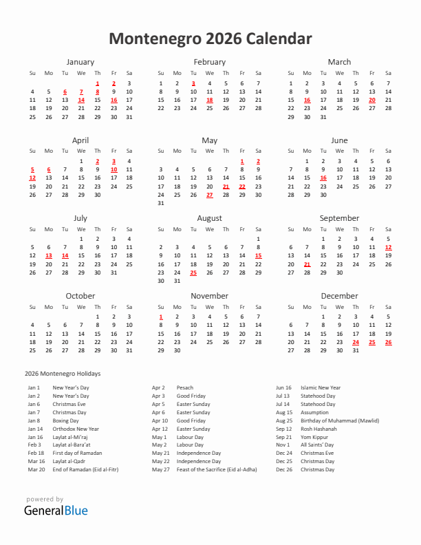 2026 Yearly Calendar Printable With Montenegro Holidays