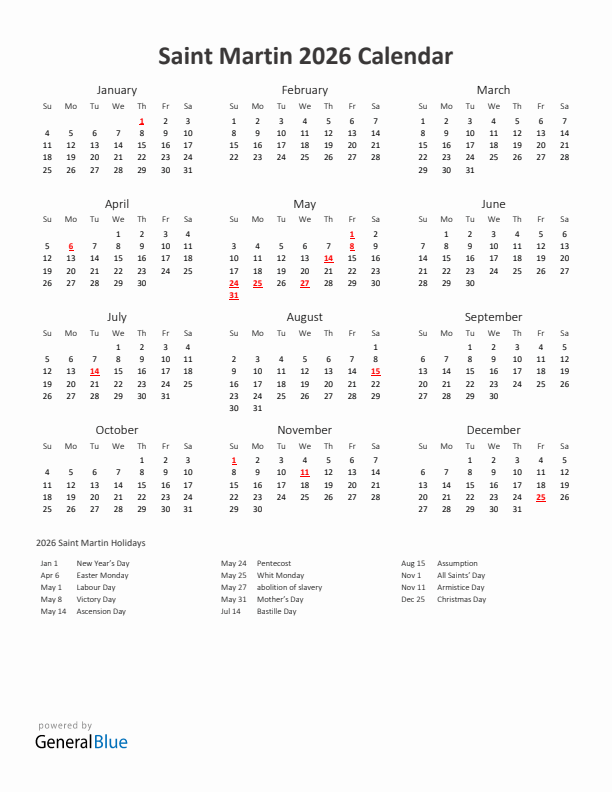 2026 Yearly Calendar Printable With Saint Martin Holidays