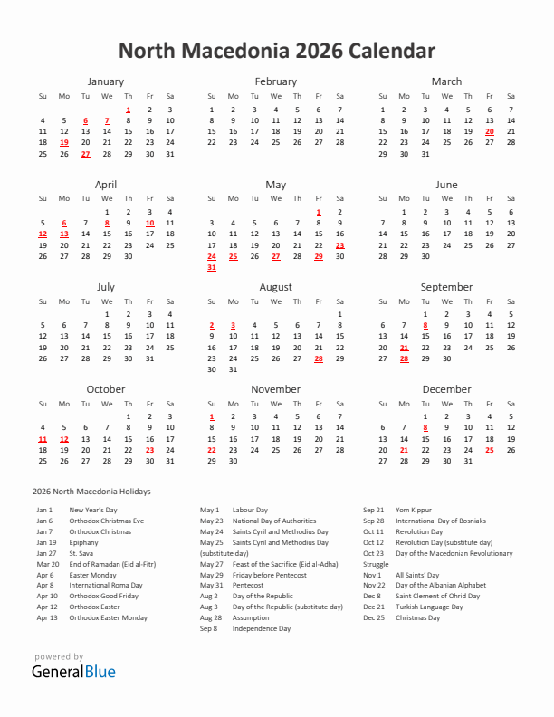 2026 Yearly Calendar Printable With North Macedonia Holidays