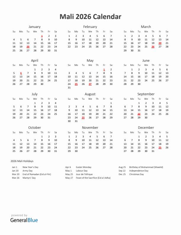 2026 Yearly Calendar Printable With Mali Holidays