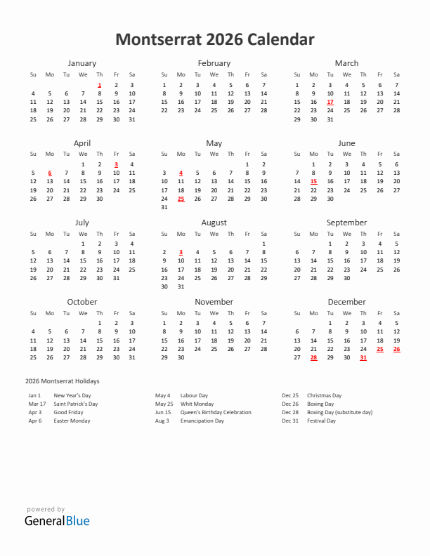 2026 Yearly Calendar Printable With Montserrat Holidays