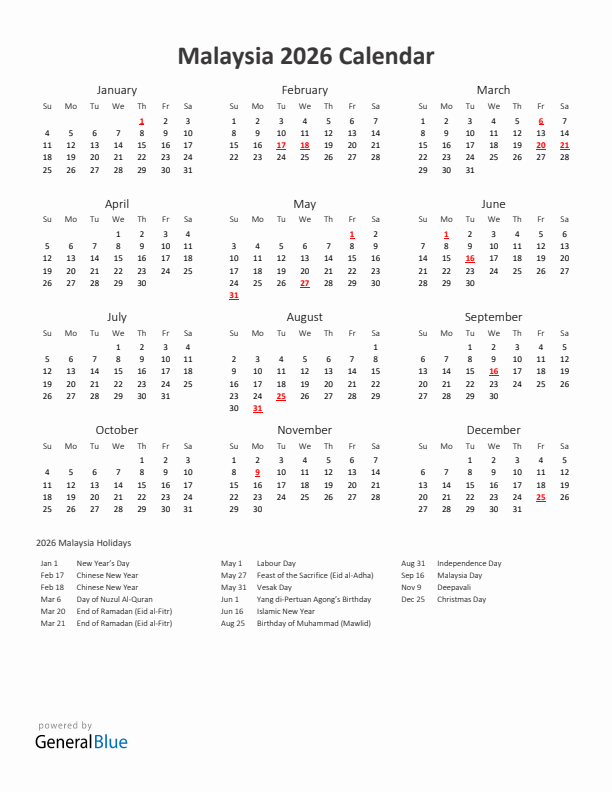 2026 Yearly Calendar Printable With Malaysia Holidays