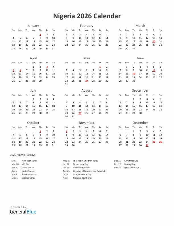 2026 Yearly Calendar Printable With Nigeria Holidays