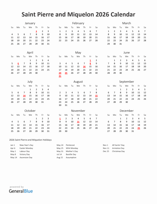 2026 Yearly Calendar Printable With Saint Pierre and Miquelon Holidays