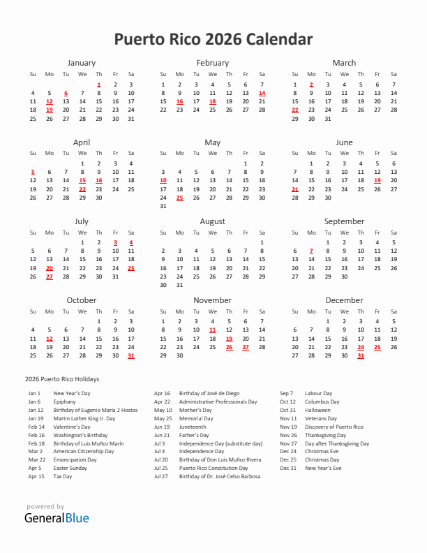 2026 Yearly Calendar Printable With Puerto Rico Holidays