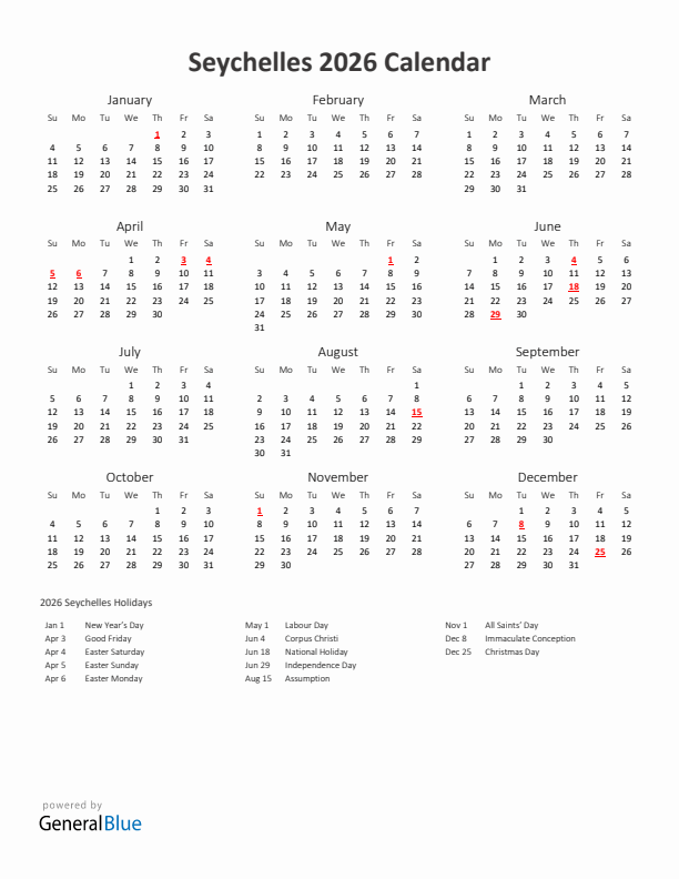 2026 Yearly Calendar Printable With Seychelles Holidays