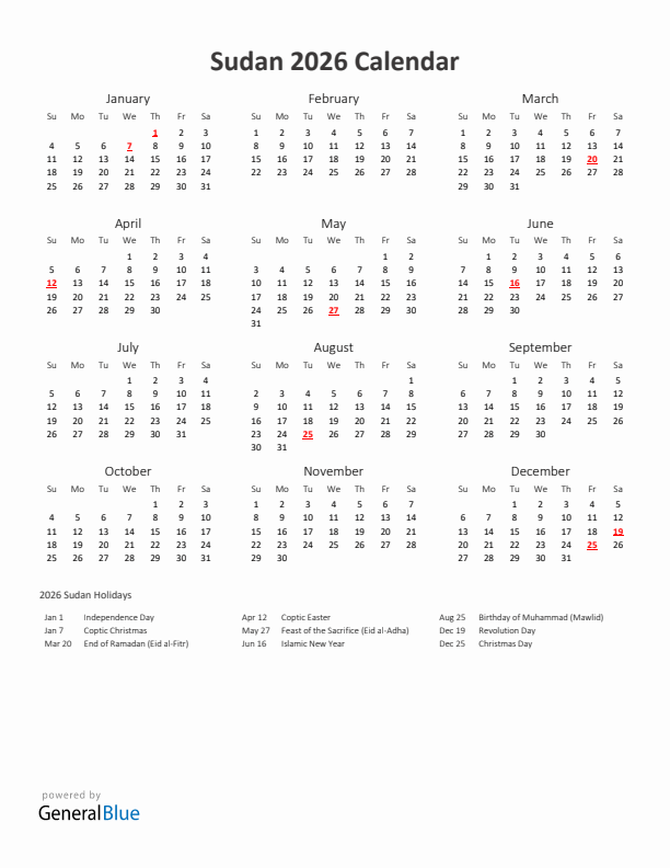 2026 Yearly Calendar Printable With Sudan Holidays