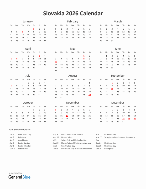 2026 Yearly Calendar Printable With Slovakia Holidays