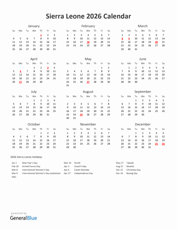 2026 Yearly Calendar Printable With Sierra Leone Holidays