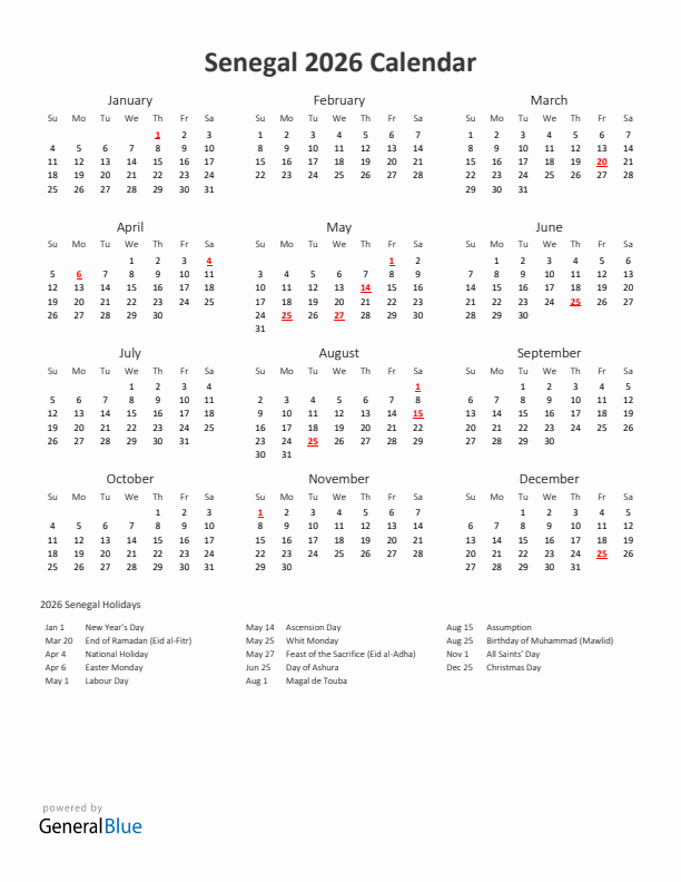 2026 Yearly Calendar Printable With Senegal Holidays