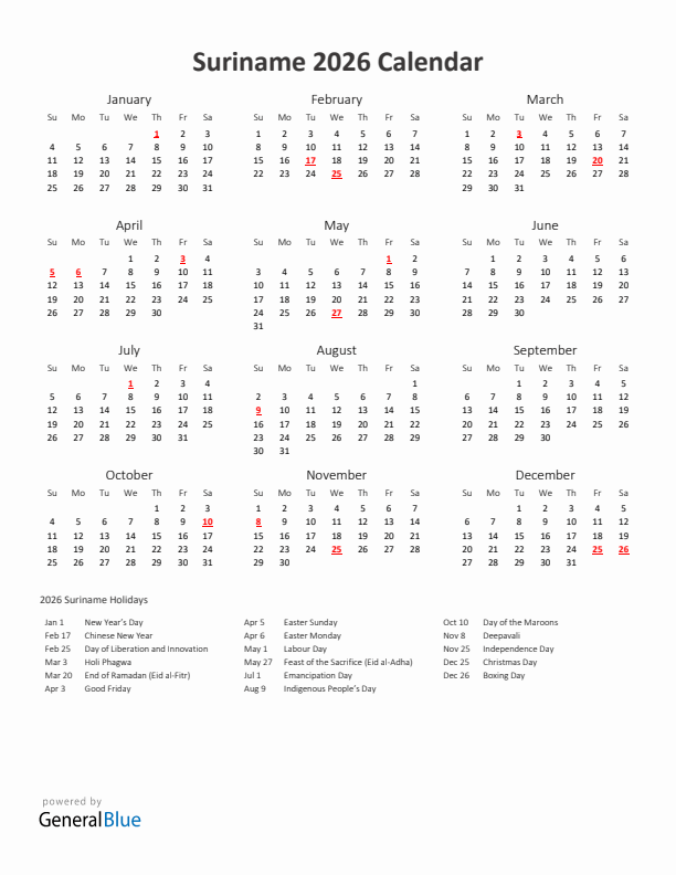 2026 Yearly Calendar Printable With Suriname Holidays