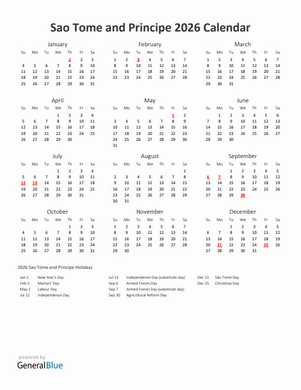 2026 Yearly Calendar Printable With Sao Tome and Principe Holidays