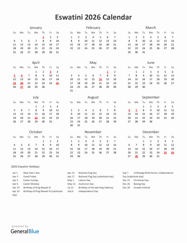 2026 Yearly Calendar Printable With Eswatini Holidays