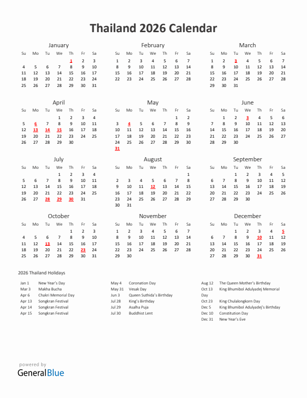 2026 Yearly Calendar Printable With Thailand Holidays