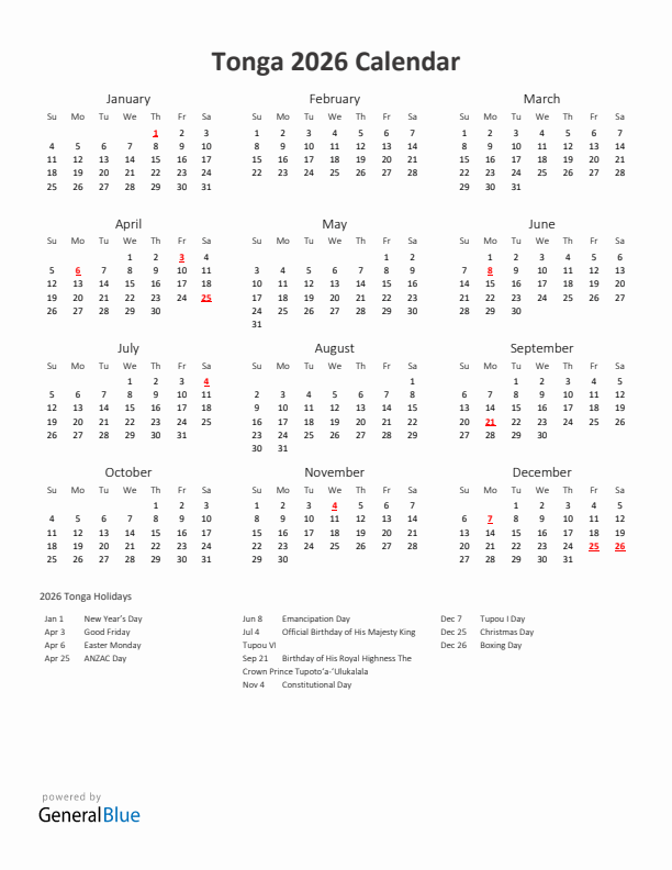 2026 Yearly Calendar Printable With Tonga Holidays