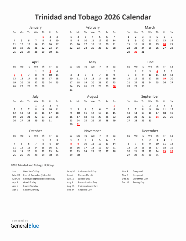 2026 Yearly Calendar Printable With Trinidad and Tobago Holidays