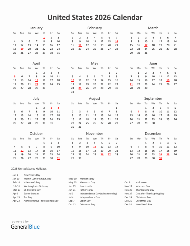 2026 United States Calendar With Holidays
