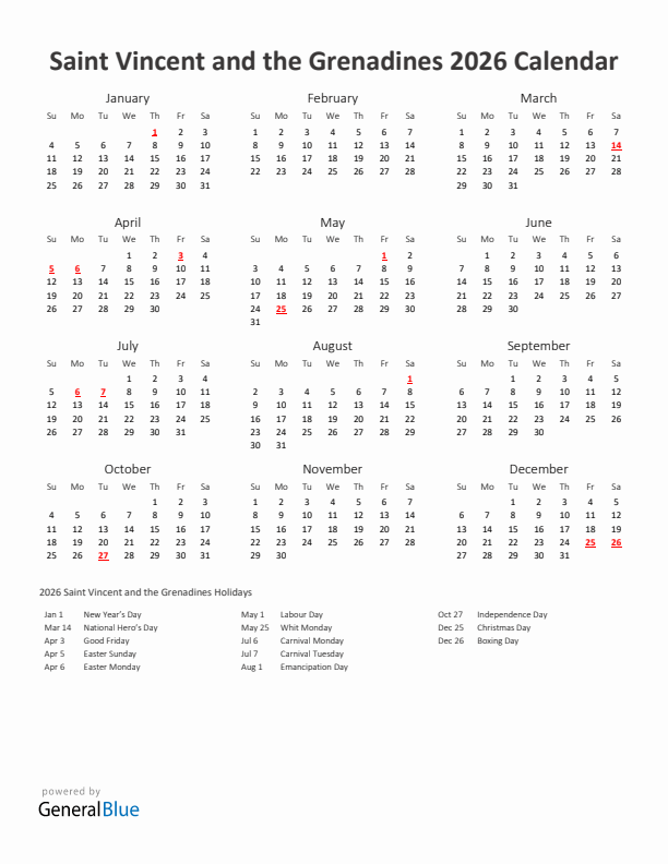 2026 Yearly Calendar Printable With Saint Vincent and the Grenadines Holidays