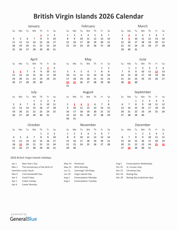 2026 Yearly Calendar Printable With British Virgin Islands Holidays