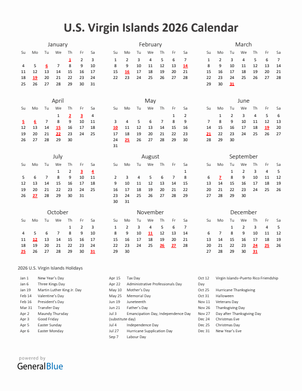 2026 Yearly Calendar Printable With U.S. Virgin Islands Holidays