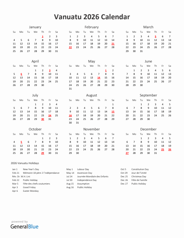 2026 Yearly Calendar Printable With Vanuatu Holidays