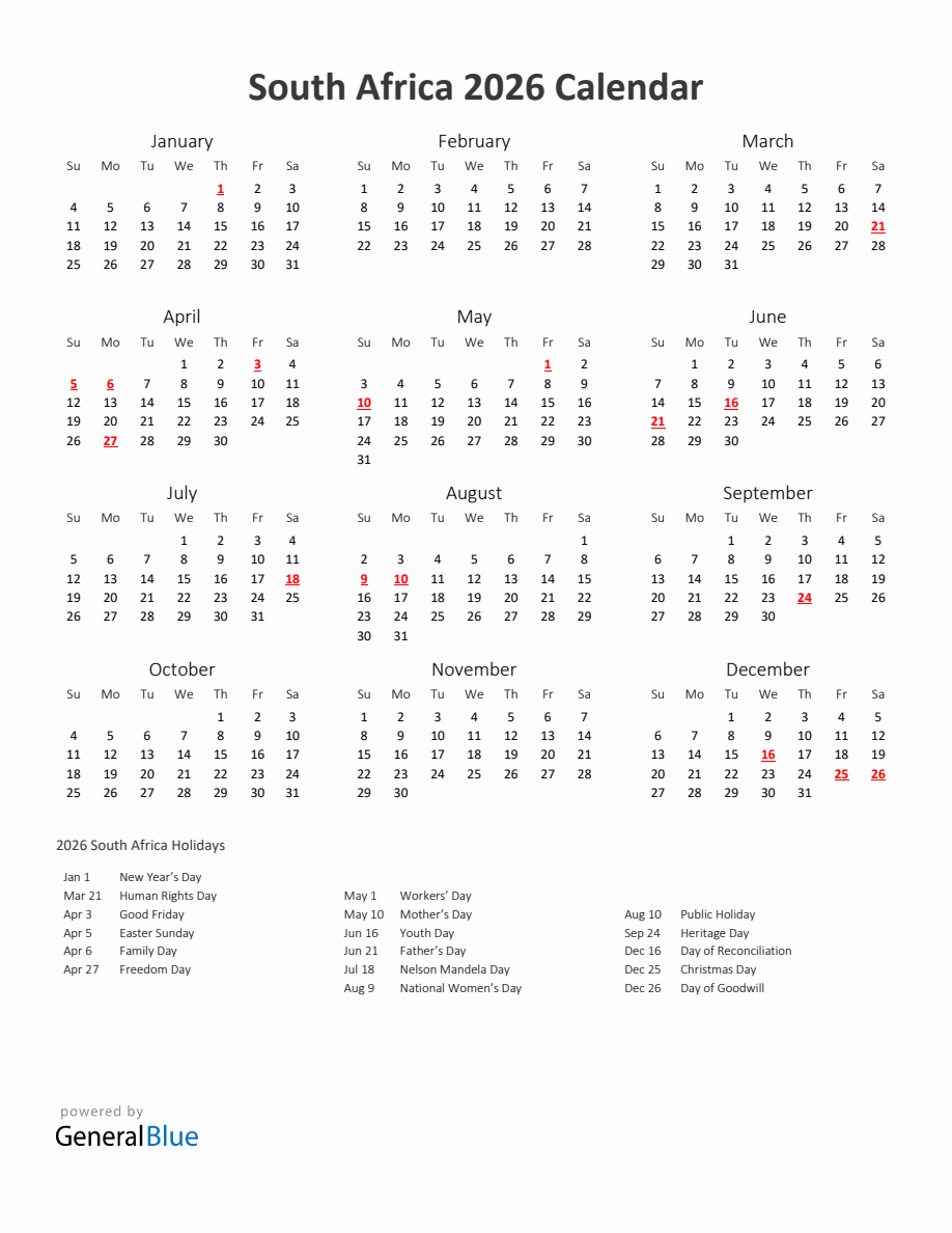 FREE PRINTABLE 2026 MONTHLY CALENDAR WITH HOLIDAYS SOUTH AFRICA WORD visual data 2