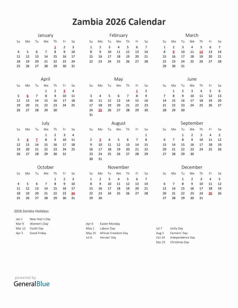 2026 Yearly Calendar Printable With Zambia Holidays