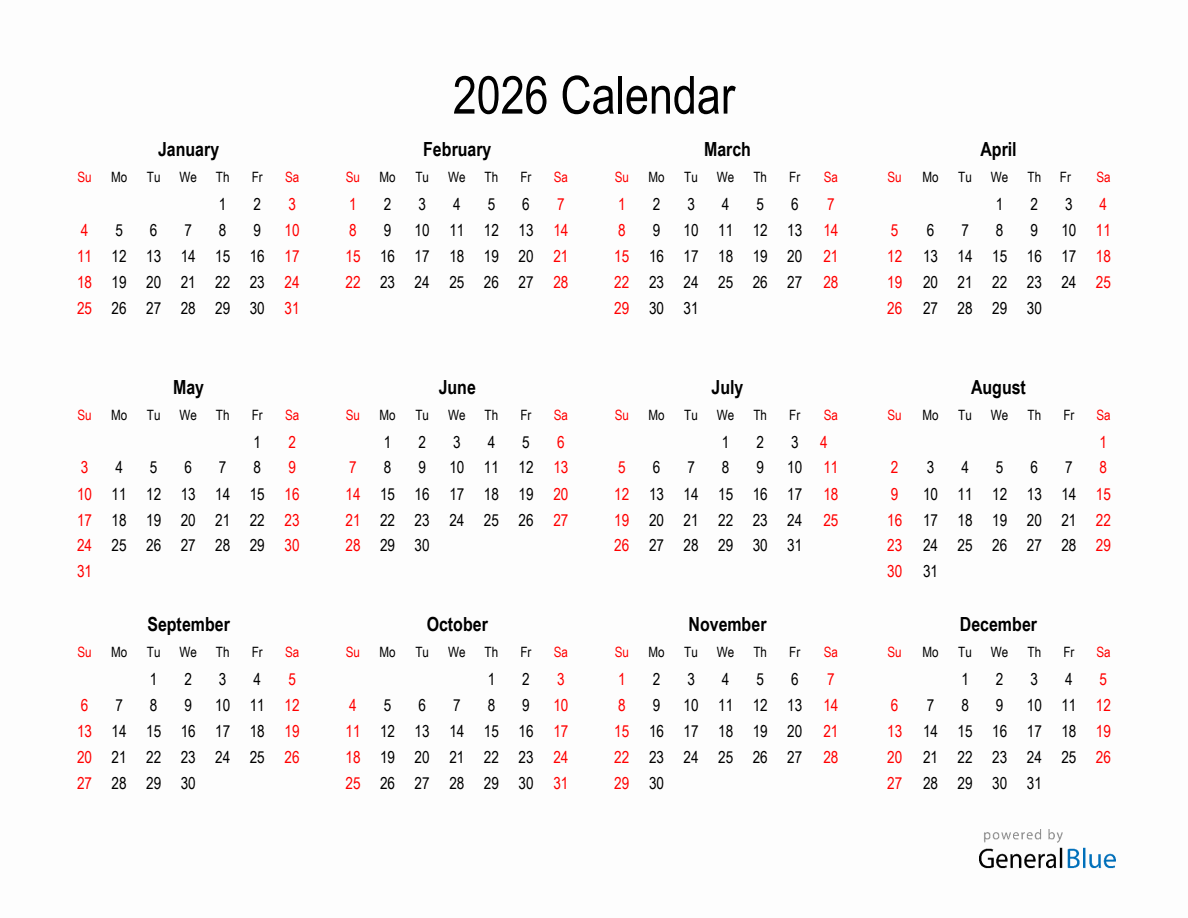Printable yearly calendar for 2026 (with red weekend)