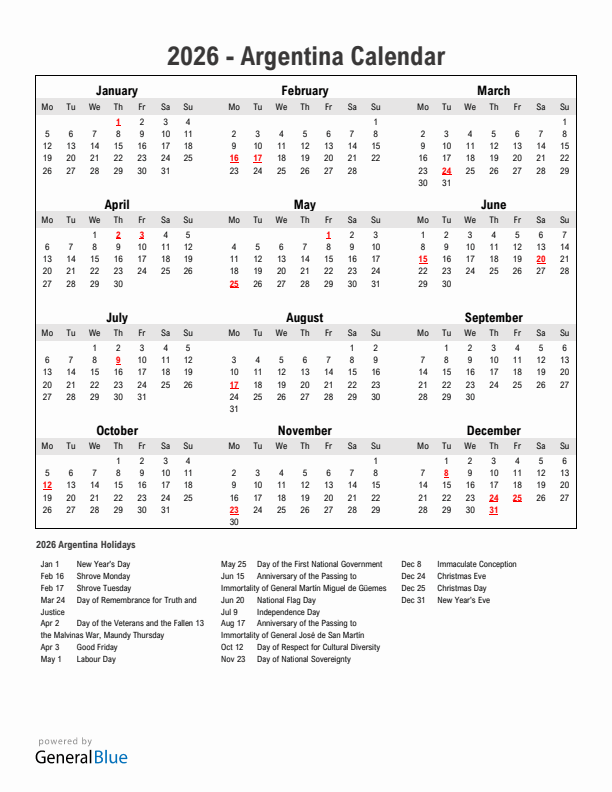 Year 2026 Simple Calendar With Holidays in Argentina