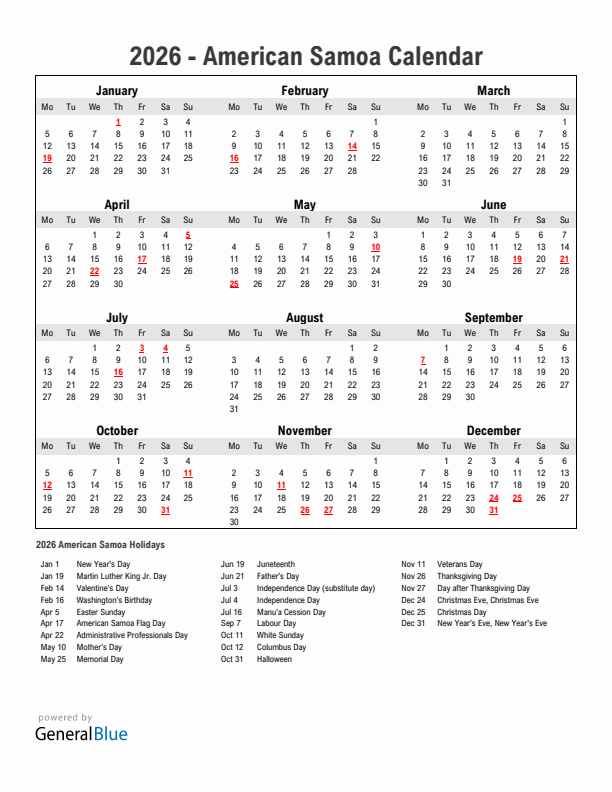 Year 2026 Simple Calendar With Holidays in American Samoa