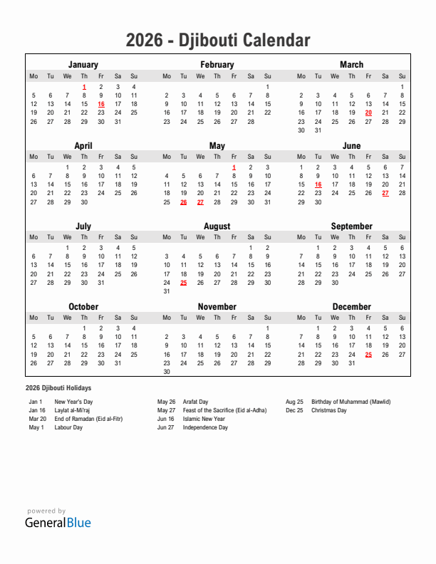 Year 2026 Simple Calendar With Holidays in Djibouti