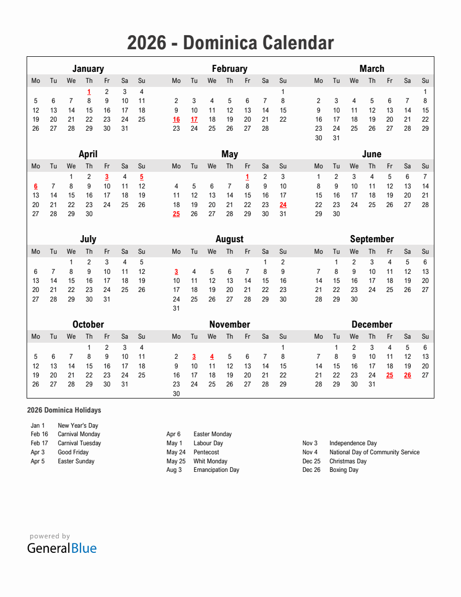 Year 2026 Simple Calendar With Holidays in Dominica