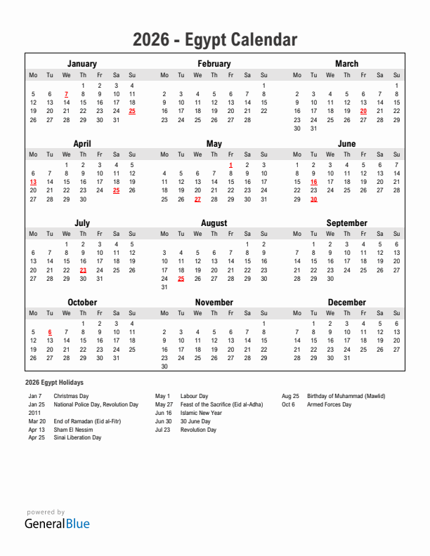Year 2026 Simple Calendar With Holidays in Egypt
