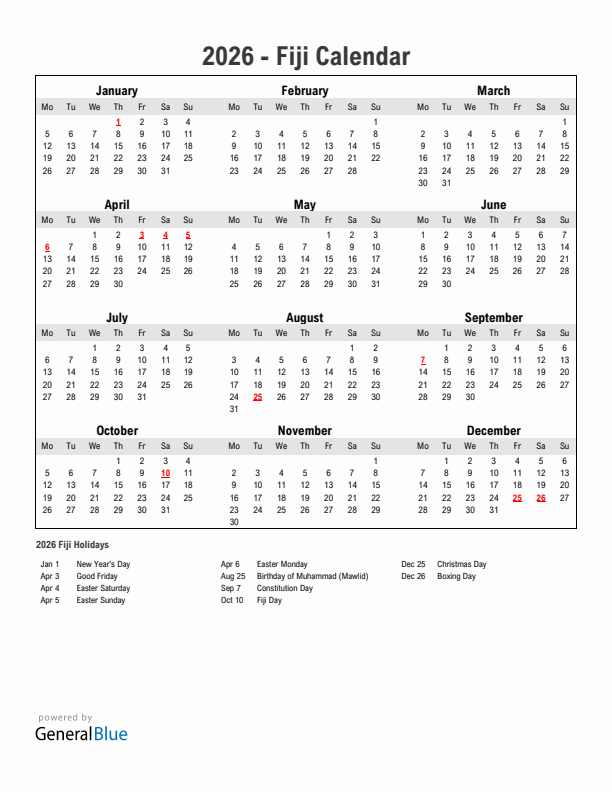 Year 2026 Simple Calendar With Holidays in Fiji