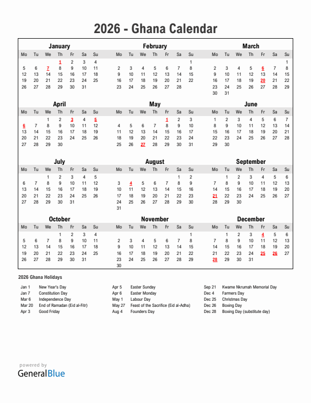 Year 2026 Simple Calendar With Holidays in Ghana