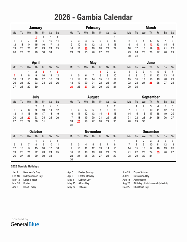 Year 2026 Simple Calendar With Holidays in Gambia