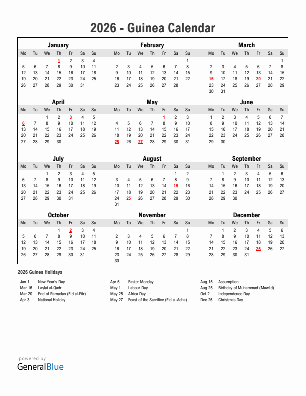 Year 2026 Simple Calendar With Holidays in Guinea