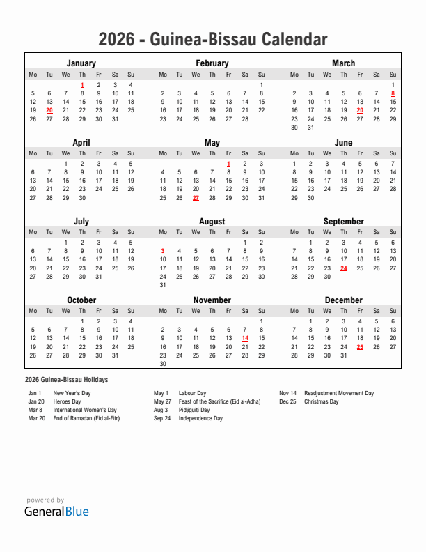 Year 2026 Simple Calendar With Holidays in Guinea-Bissau