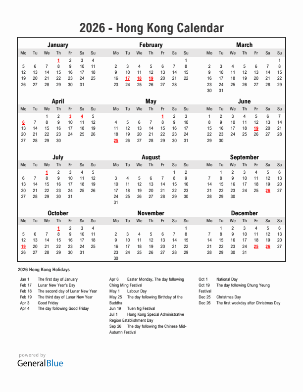 Year 2026 Simple Calendar With Holidays in Hong Kong