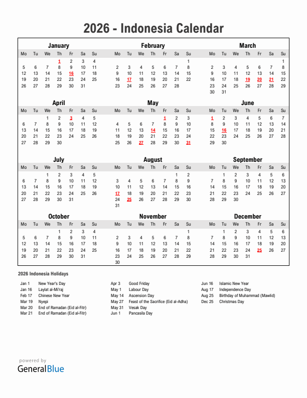 Year 2026 Simple Calendar With Holidays in Indonesia