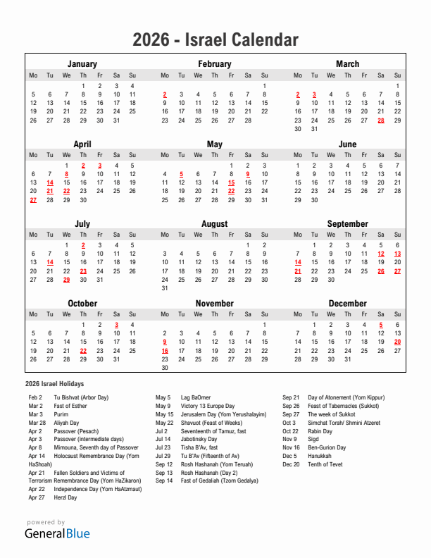 Year 2026 Simple Calendar With Holidays in Israel