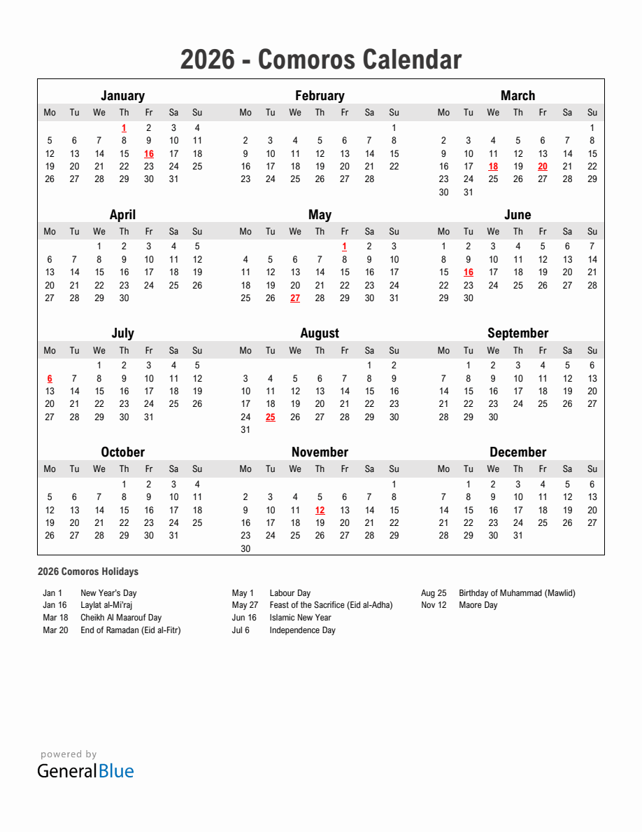 Year 2026 Simple Calendar With Holidays in Comoros - Monday Start