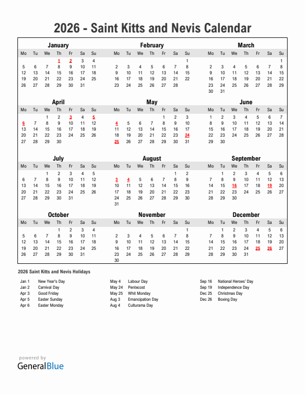 Year 2026 Simple Calendar With Holidays in Saint Kitts and Nevis