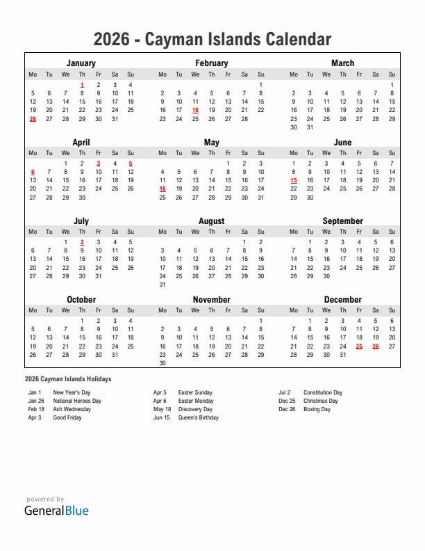 Year 2026 Simple Calendar With Holidays in Cayman Islands