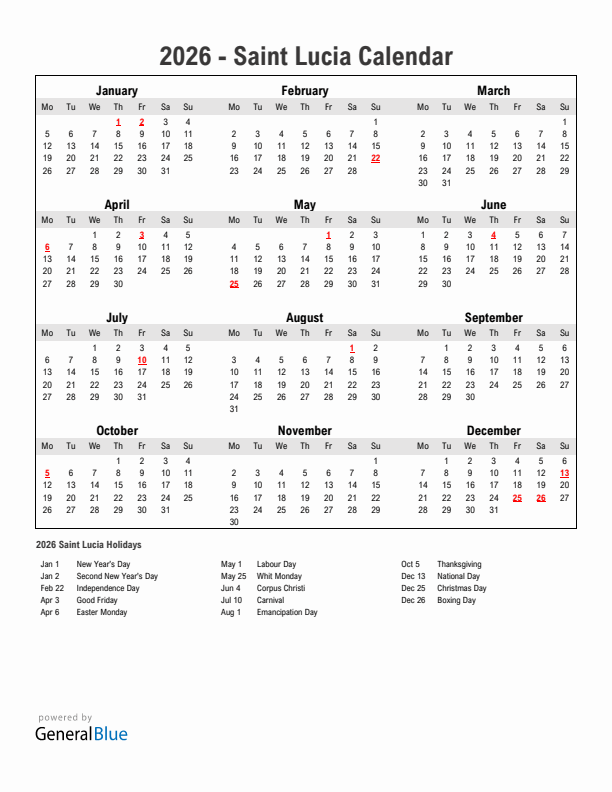Year 2026 Simple Calendar With Holidays in Saint Lucia