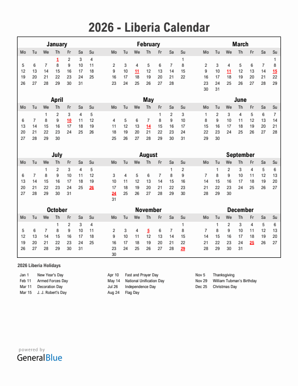 Year 2026 Simple Calendar With Holidays in Liberia