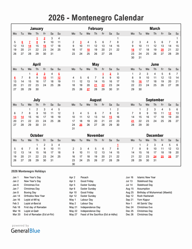 Year 2026 Simple Calendar With Holidays in Montenegro