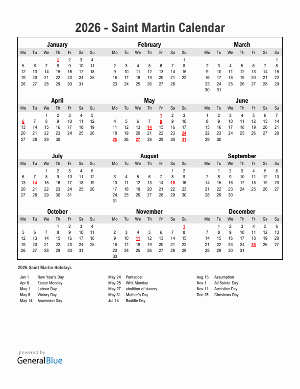 Year 2026 Simple Calendar With Holidays in Saint Martin