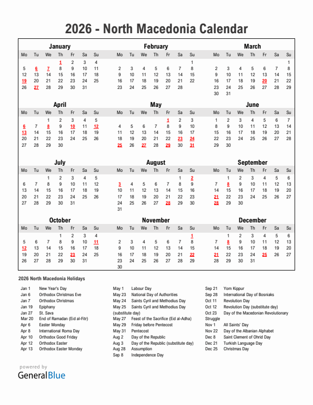 Year 2026 Simple Calendar With Holidays in North Macedonia